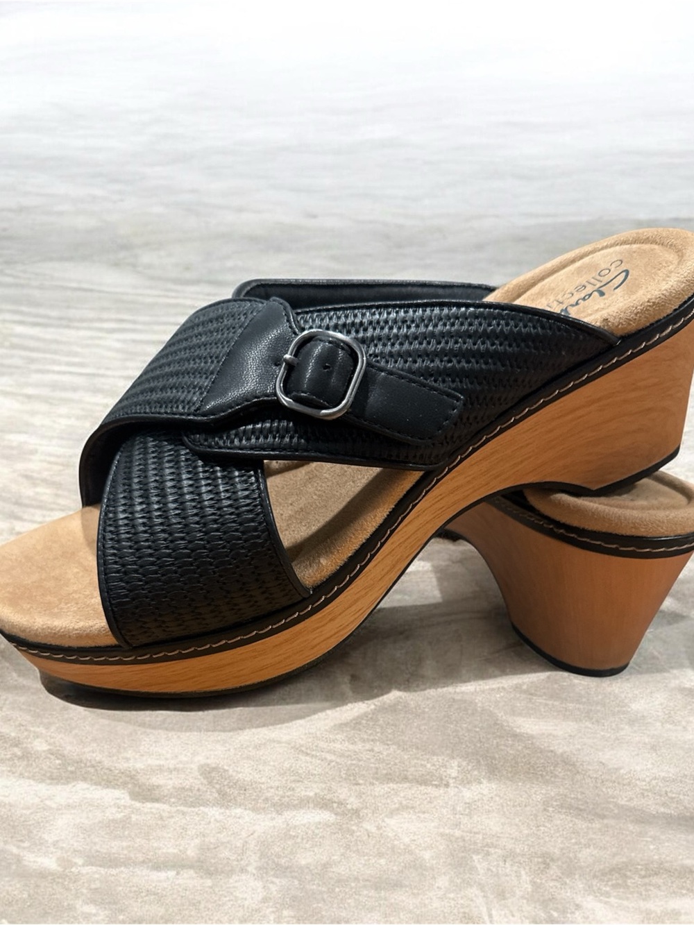 Clarks Black Woven Leather Platform Mule with Wood-Look Heel